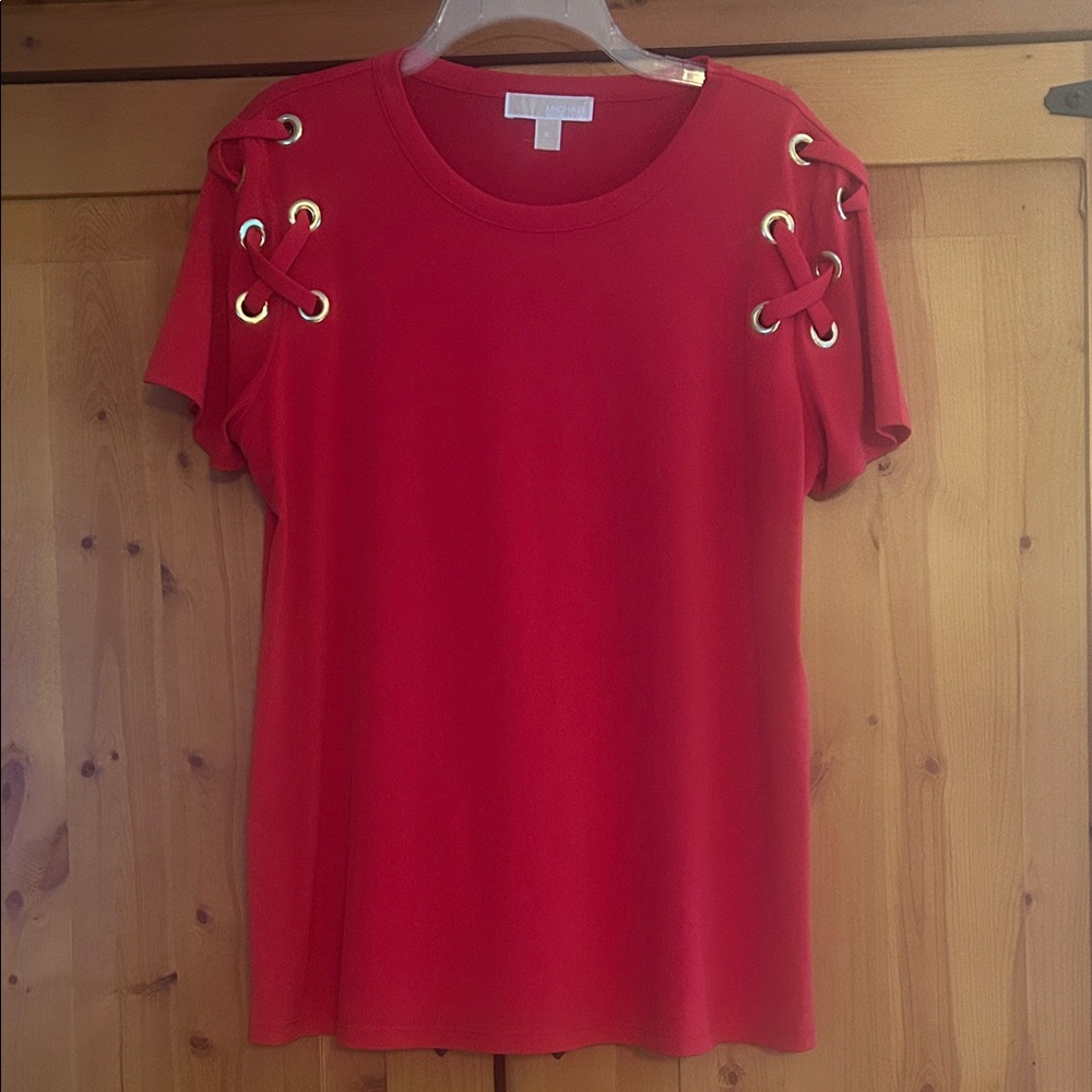 Michael Kors Red Short Sleeve Tee with Lace-Up Gold Grommet Shoulders